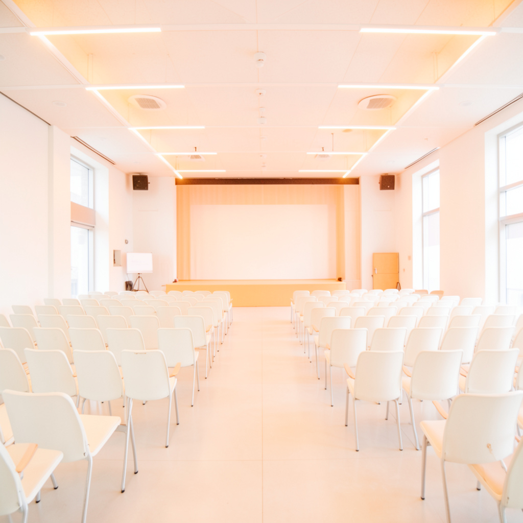 A bright, airy conference setting with rows of seating and a stage illuminated by warm overhead lighting, conveying a professional symposium atmosphere.