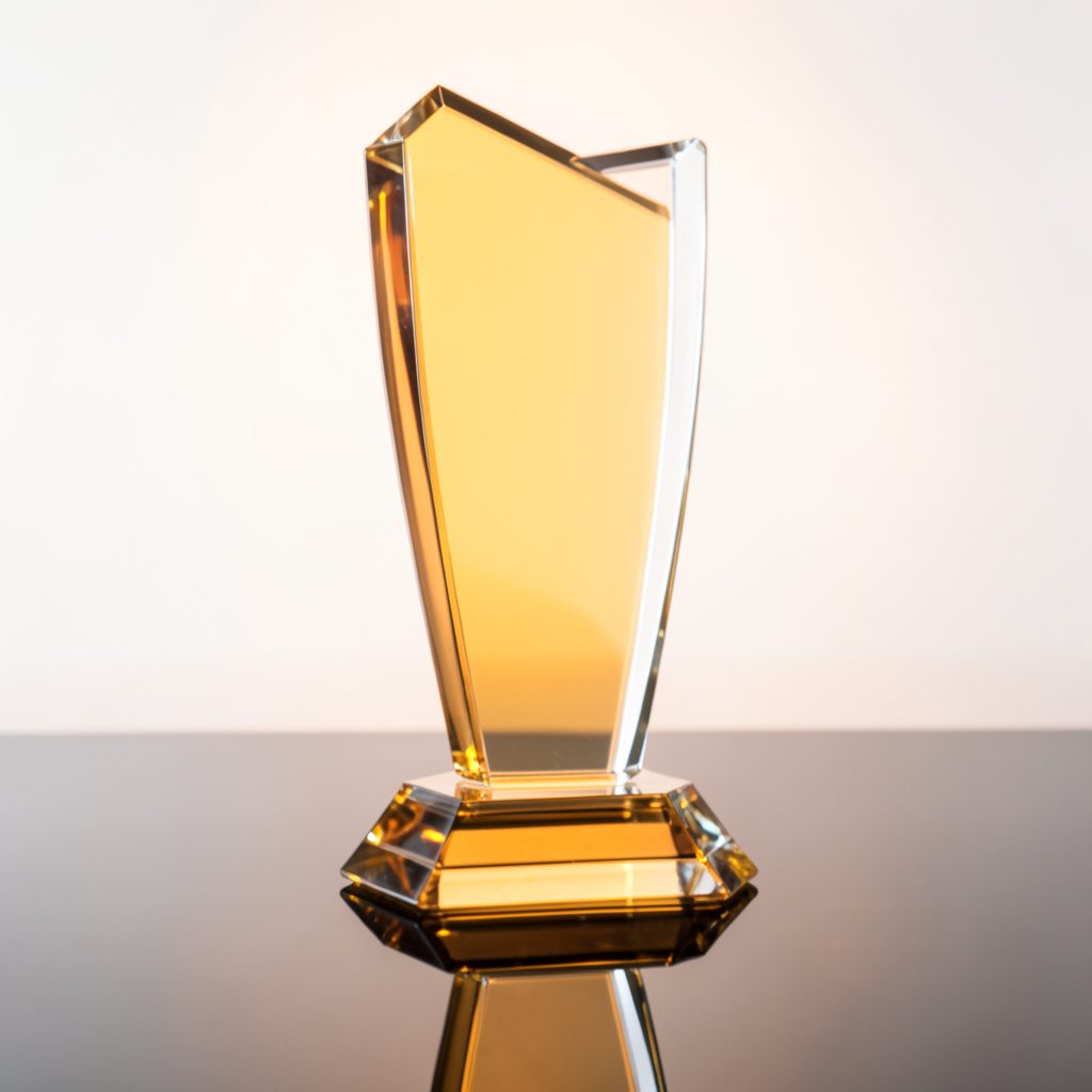 A close-up of a polished glass award trophy on a dark reflective surface, warm amber and gold tones with soft spotlighting
