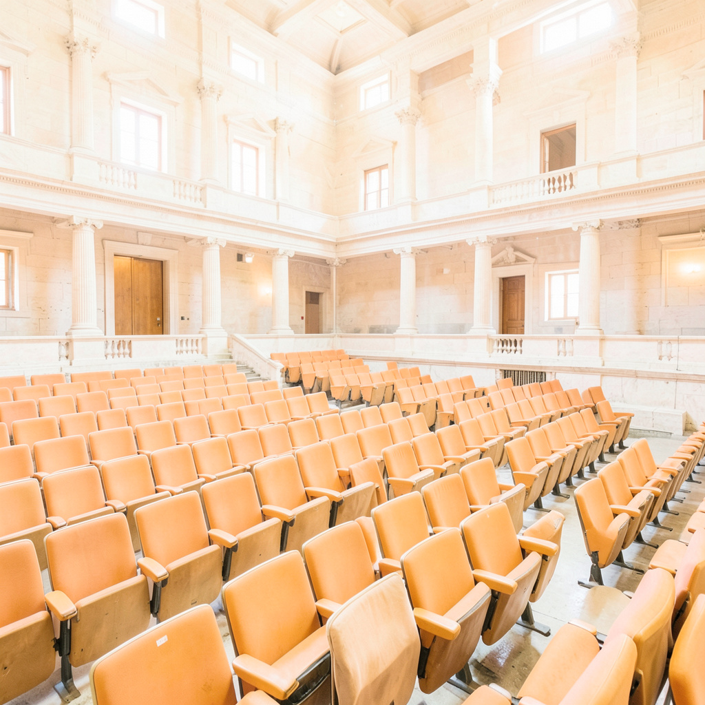 A bright, airy wide-angle photograph of a sunlit classical Roman auditorium interior with warm stone walls and rows of seating, conveying a sense of history and professional gathering.
